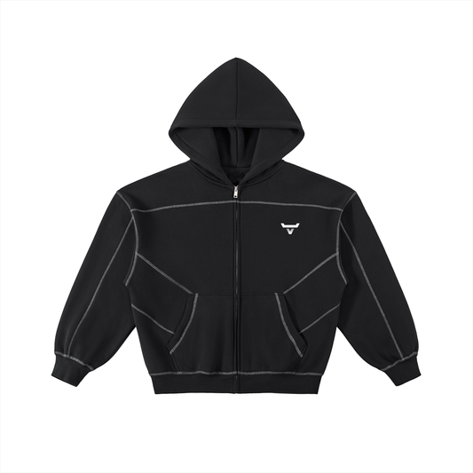Contrast-Stitched Boxy Fleece Zip Hoodie