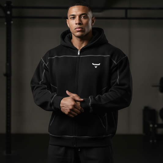 Contrast-Stitched Boxy Fleece Zip Hoodie